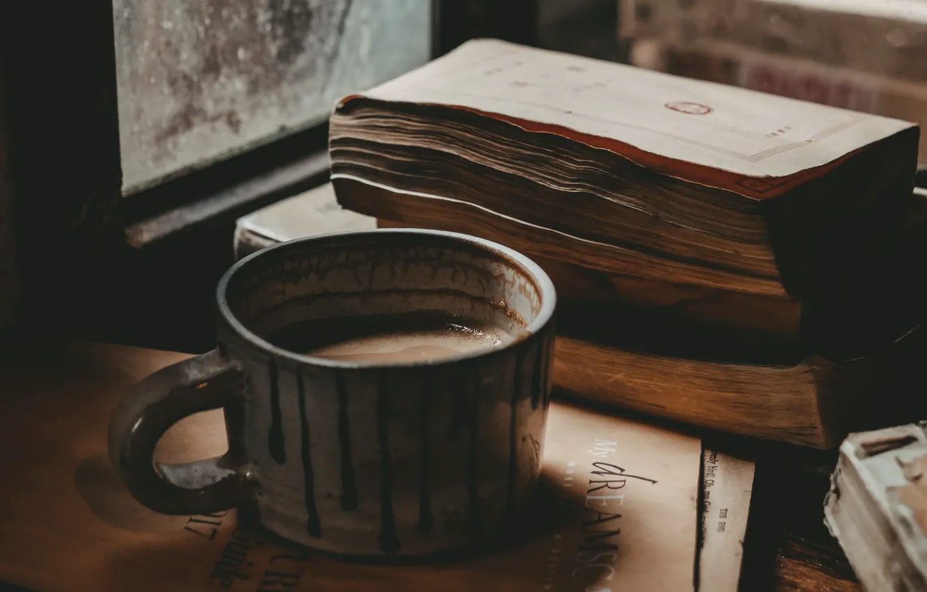 Photo wallpaper Coffee, Mood, Window, Books, Foods, Mug, Hot chocolate