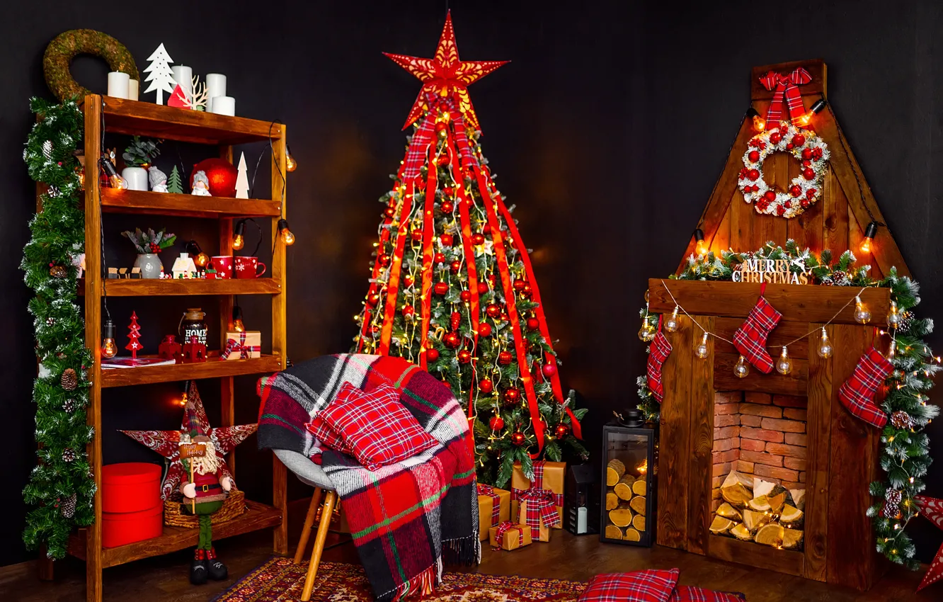 Photo wallpaper decoration, balls, tree, New Year, Christmas, gifts, Christmas, balls, design, New Year, gift, room, interior, …