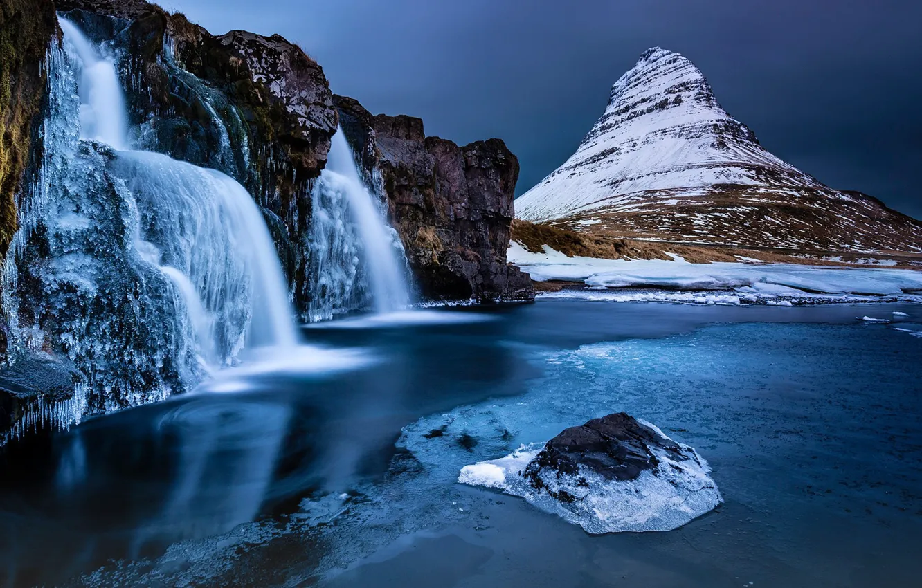 Photo wallpaper ice, photography, landscape, nature, winter, lake, snow, waterfall, Iceland, Kirkjufell, long exposure, snowy peaks, Kirkjufell …