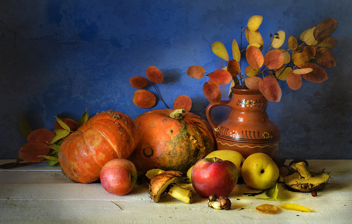 Photo wallpaper autumn, leaves, branches, mushrooms, pitcher, fruit, still life, vegetables