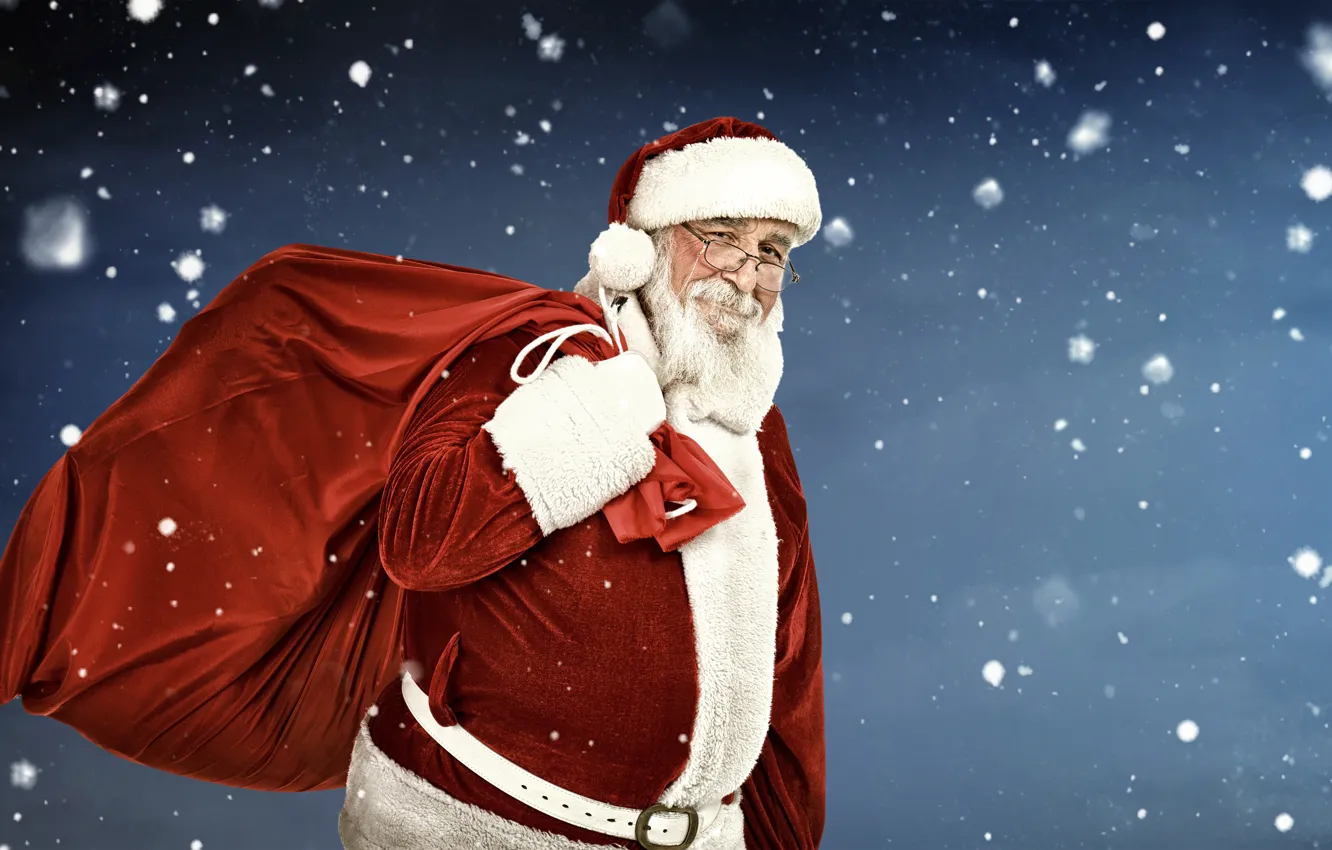 Photo wallpaper winter, snowflakes, background, holiday, hat, glasses, Christmas, gifts, New year, gloves, coat, beard, bag, Santa …