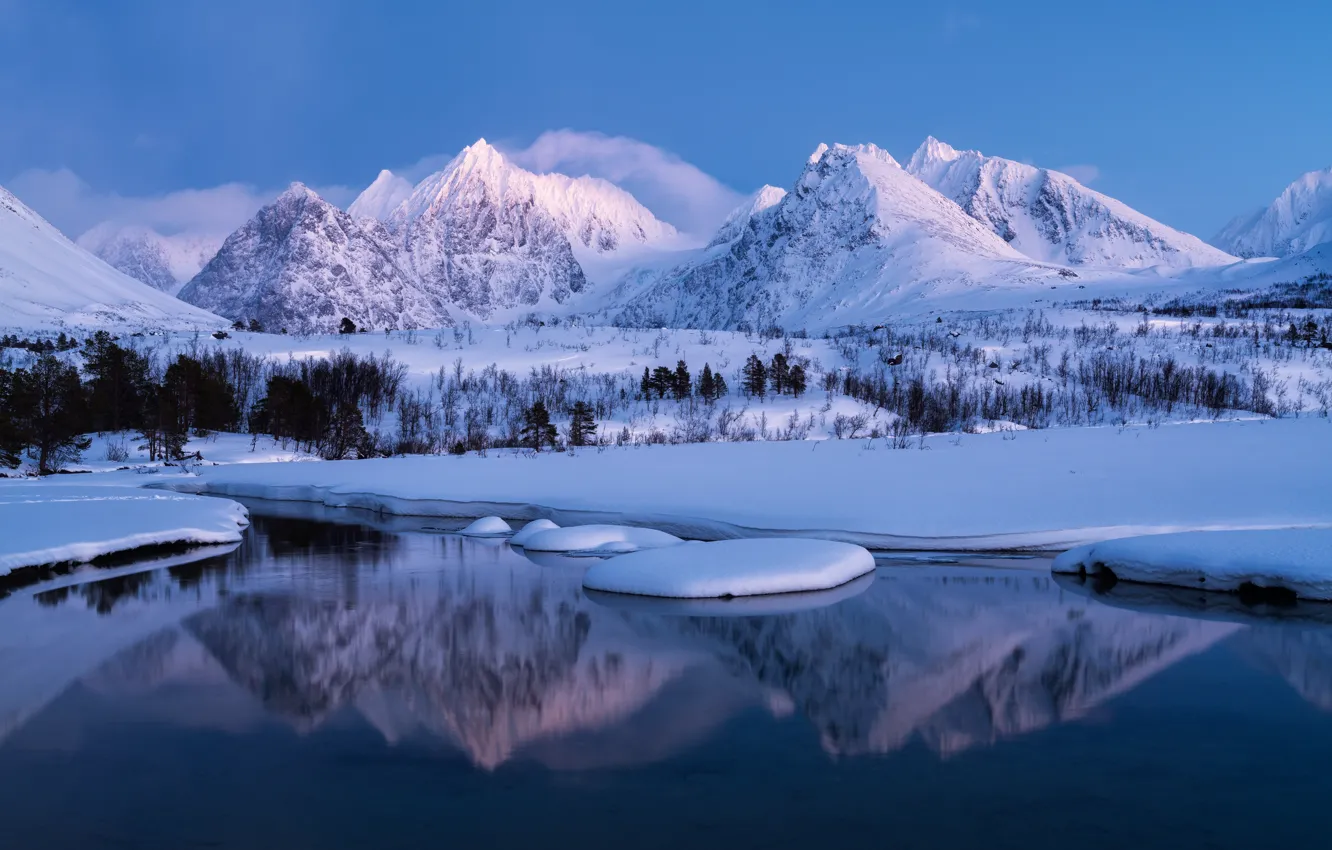 Photo wallpaper winter, snow, trees, mountains, lake, reflection, Norway