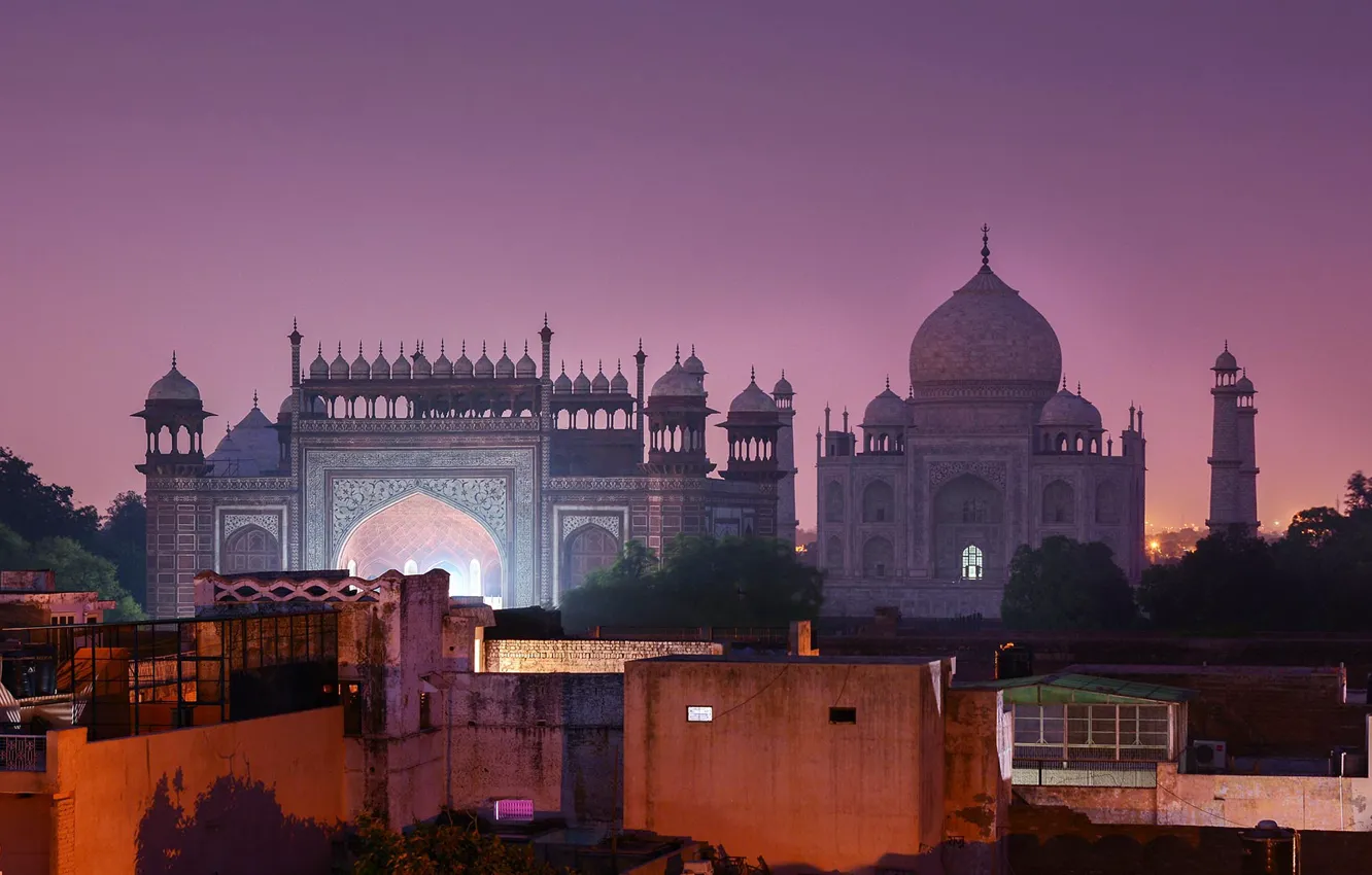 Photo wallpaper night, the city, India, Taj Mahal, backlight, tower, architecture, dome, Agra, the mausoleum-mosque