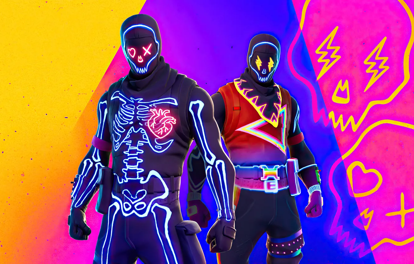 Wallpaper the game, neon, Halloween, game, character, two, skeletons,  character, skin, Epic Games, battle Royale, Fortnite, Party Trooper, battle  royale images for desktop, section игры - download