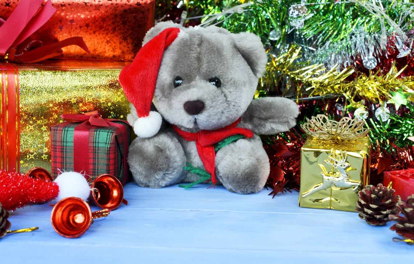 Wallpaper decoration, toys, New Year, Christmas, bear, gifts, Christmas,  wood, New Year, teddy bear, decoration, gift box, Merry images for desktop,  section новый год - download