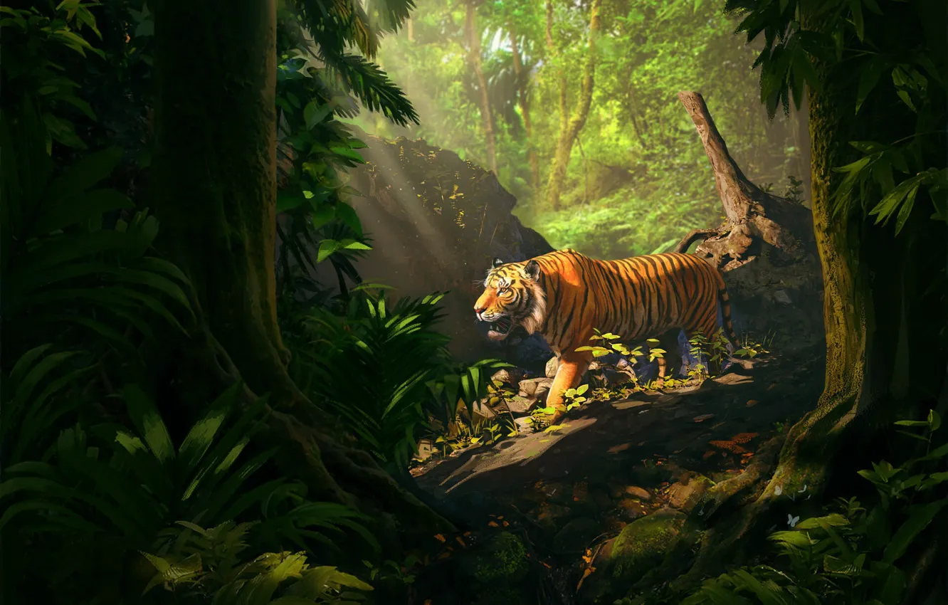 Photo wallpaper nature, tiger, animal, predator, jungle, beast, illustration, digital art, 3D art, Ahmed Albastaki