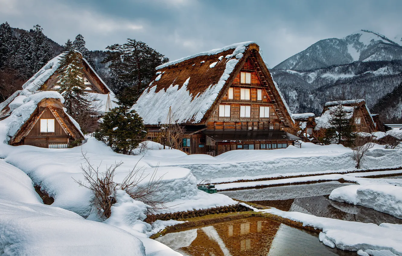 Photo wallpaper winter, water, snow, trees, landscape, mountains, nature, reflection, people, village, home, Japan, Shirakawa-go, Shirakawa-go