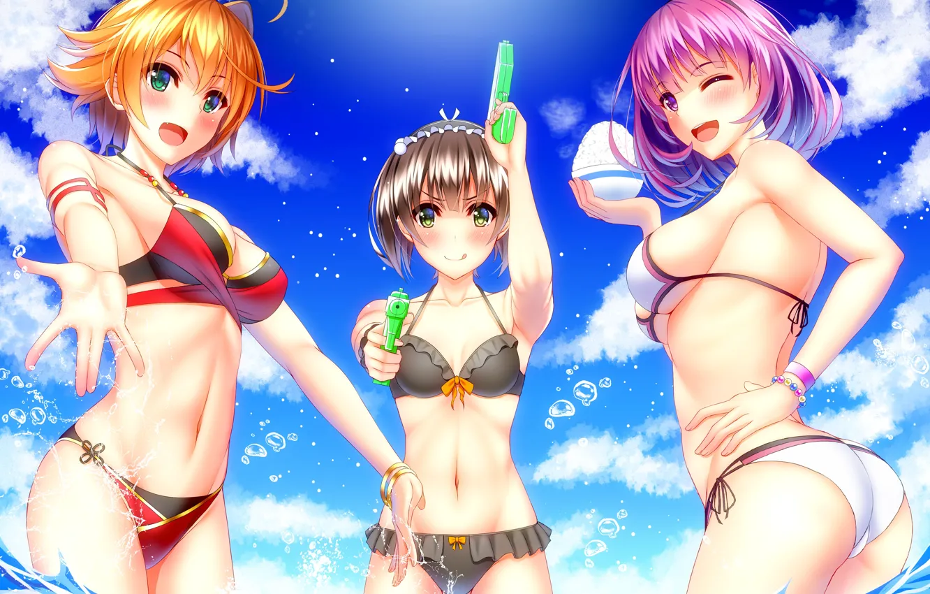 Photo wallpaper Girls, Summer, Anime, Trio