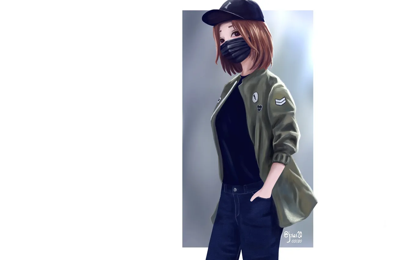 Wallpaper girl, jeans, jacket, white background, baseball cap, medical face  mask, by dante rh images for desktop, section арт - download