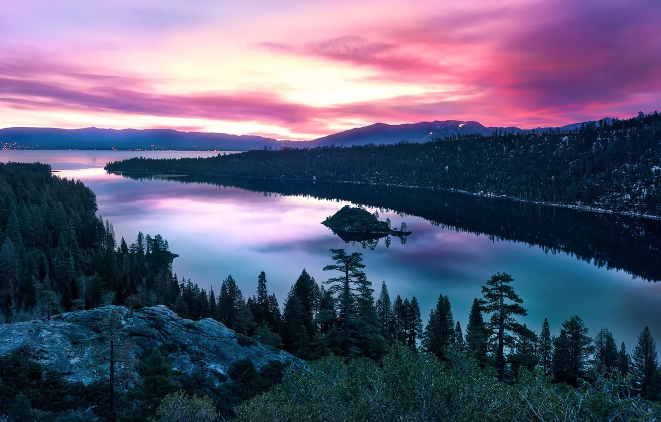 Photo wallpaper the sky, clouds, sunset, CA, river, sky, sunset, water, park, tree, State Park emerald Bay