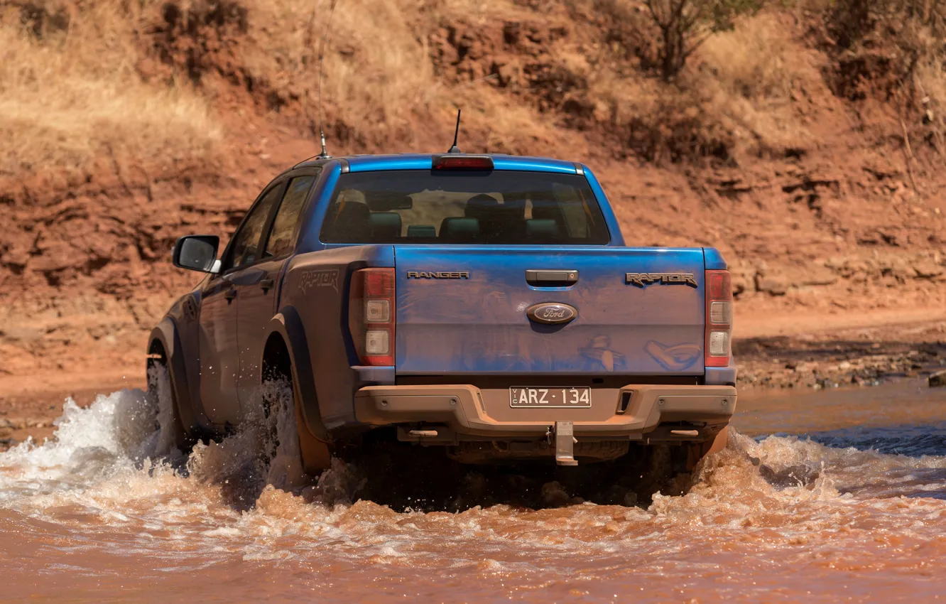 Photo wallpaper blue, Ford, rear view, Raptor, pickup, pond, 2018, Ranger