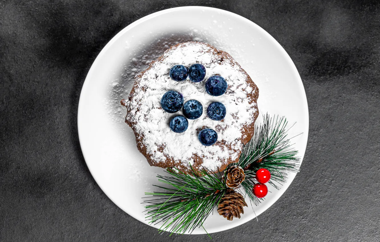 Photo wallpaper berries, background, plate, Christmas, New year, bumps, cupcake, twigs, powdered sugar, blueberries