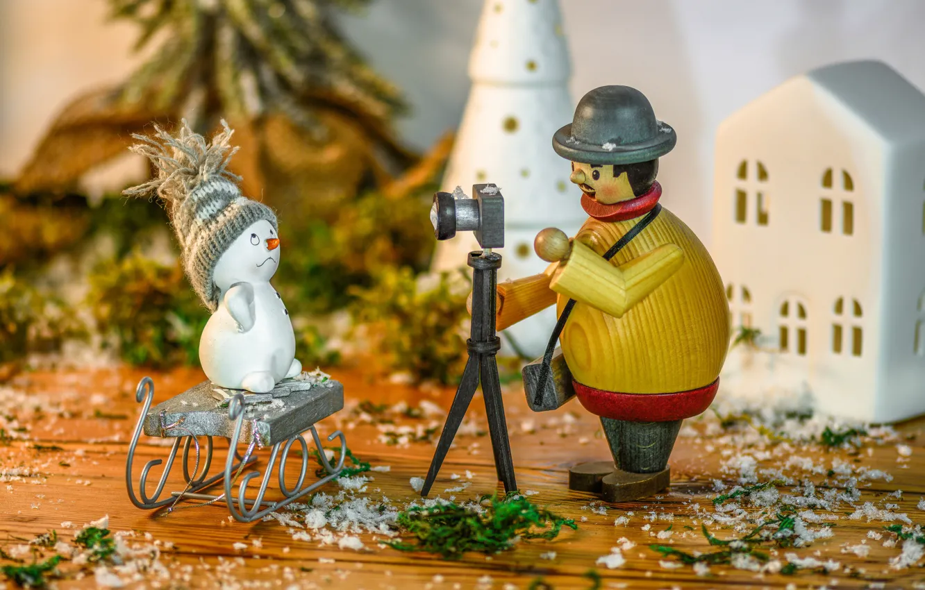 Photo wallpaper holiday, toys, Christmas, the camera, photographer, New year, snowman, sleigh, figures, composition