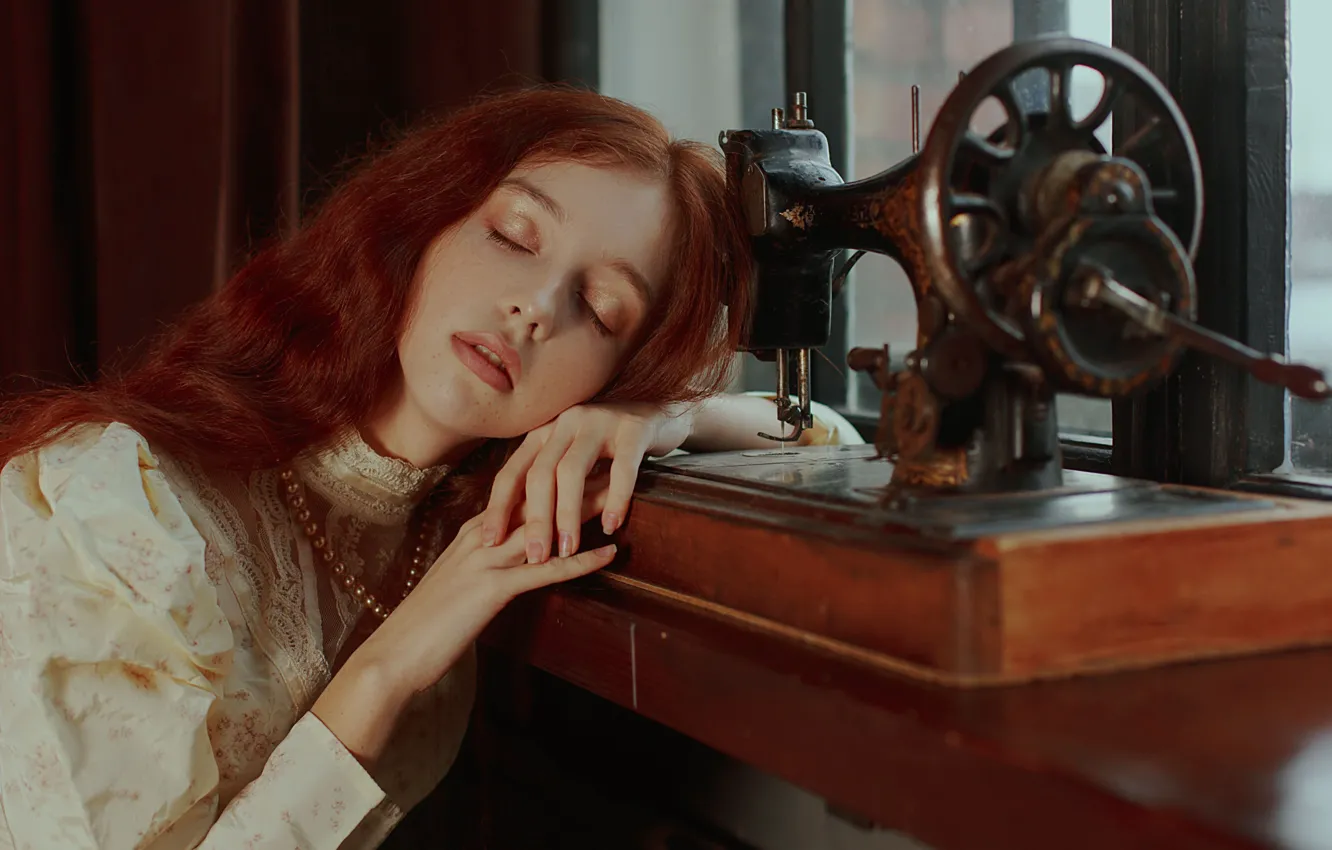Photo wallpaper girl, face, hands, red, redhead, closed eyes, sleeping, sewing machine, Marie Dashkova