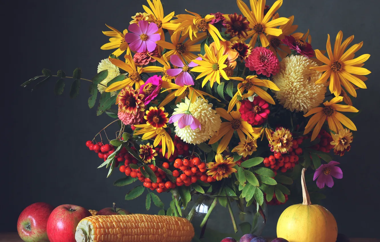 Photo wallpaper autumn, flowers, apples, bouquet, colorful, fruit, still life, flowers, autumn, fruit, still life, bouquet, harvest