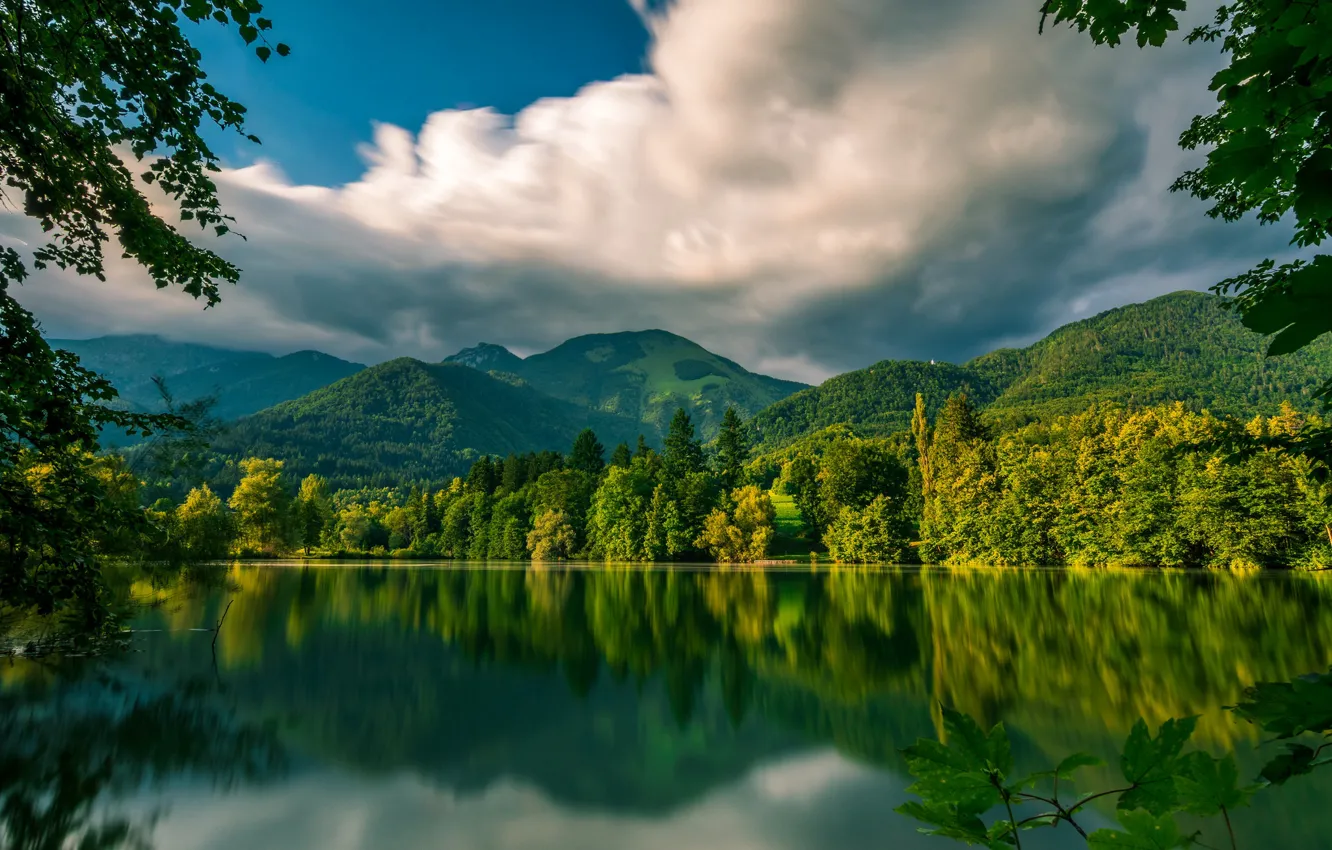 Photo wallpaper greens, forest, mountains, lake, reflection, Slovenia, Slovenia, Preddvor, Lake Črnava, Preddvor