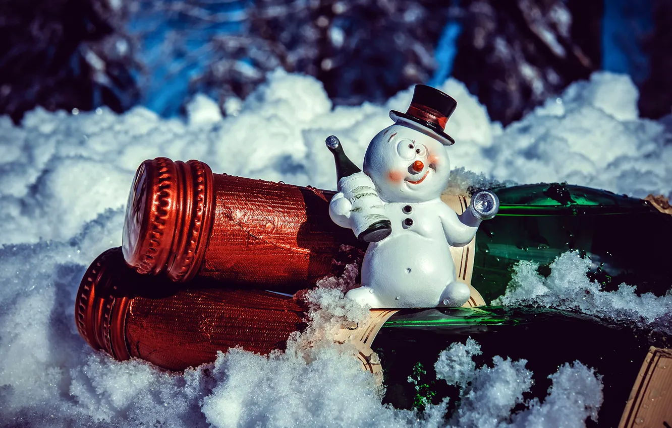 Photo wallpaper snowman, cool, drunk, souvenir, toast, with the holiday, sitting on champagne