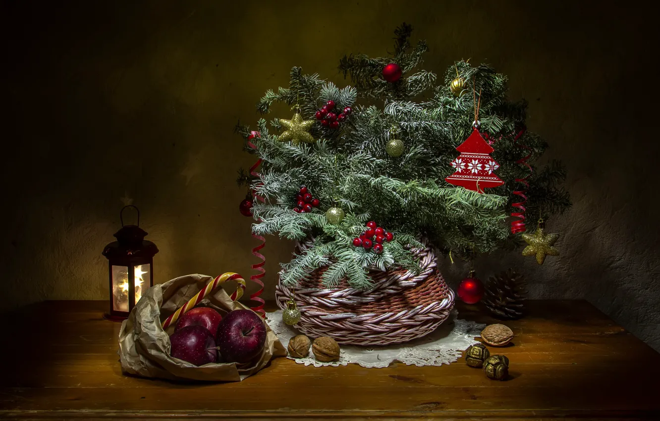 Photo wallpaper decoration, branches, holiday, basket, apples, toys, new year, Christmas, spruce, lantern, fruit, nuts, still life, …