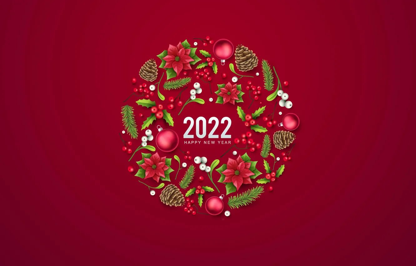 Photo wallpaper balls, flowers, background, holiday, figures, New year, new year, bumps, 2022