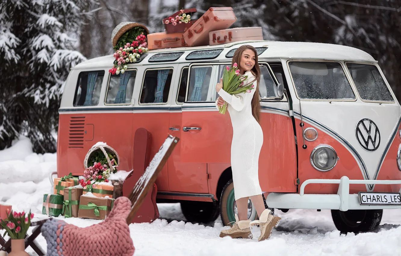 Wallpaper Volkswagen, trees, flowers, winter, snow, model, women ...