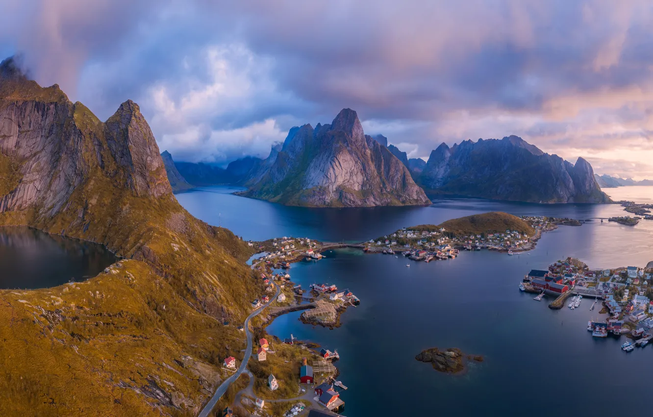 Photo wallpaper sea, Islands, mountains, dawn, morning, village, Norway, panorama, houses, Norway, the fjord, The Lofoten Islands, …