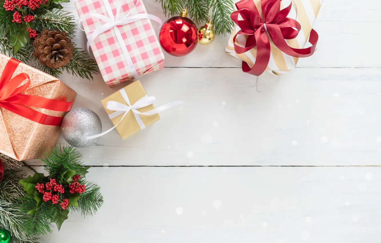 Photo wallpaper decoration, New Year, Christmas, gifts, Christmas, wood, New Year, decoration, xmas, gift box, Merry, fir …