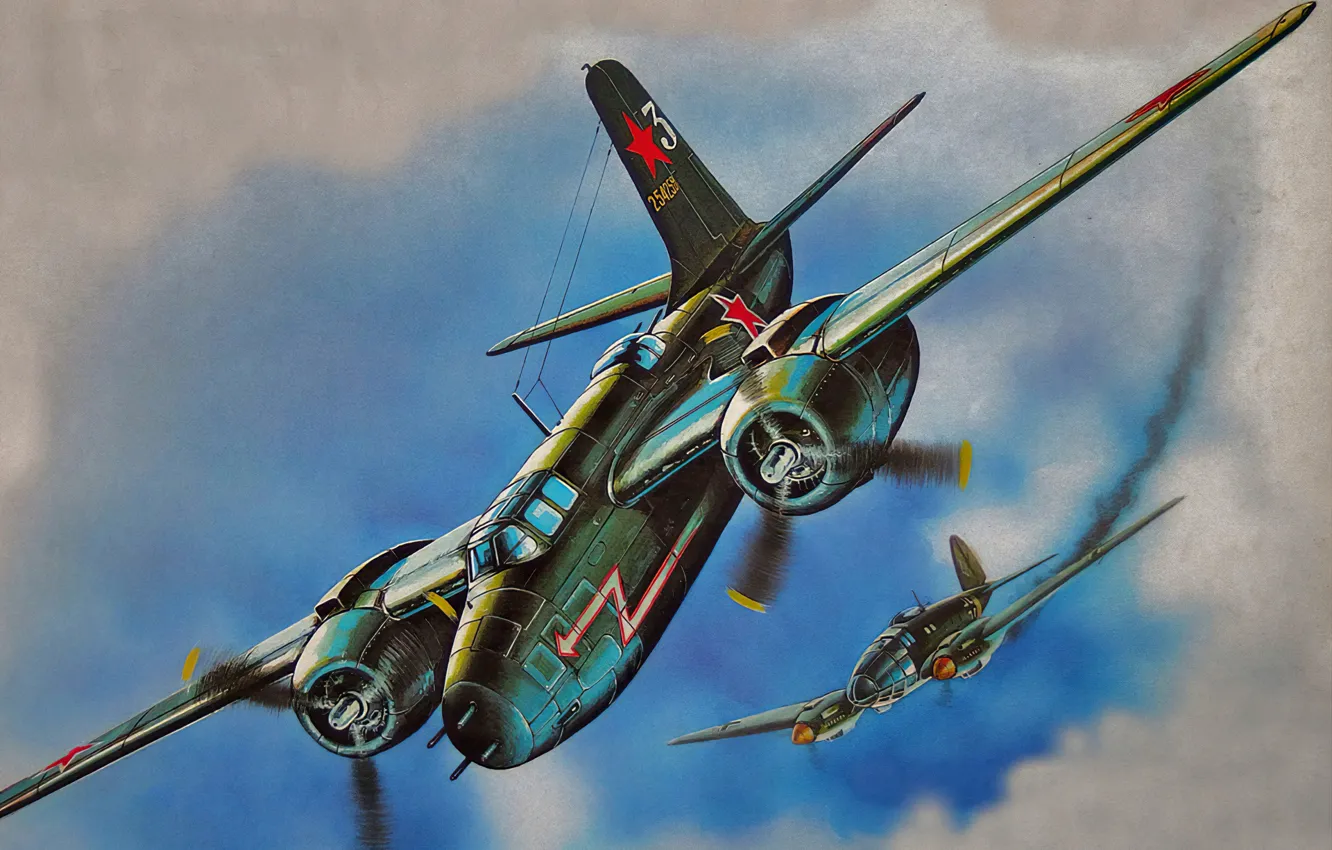 Photo wallpaper bomber, war, art, airplane, painting, aviation, ww2, he-111, b-25