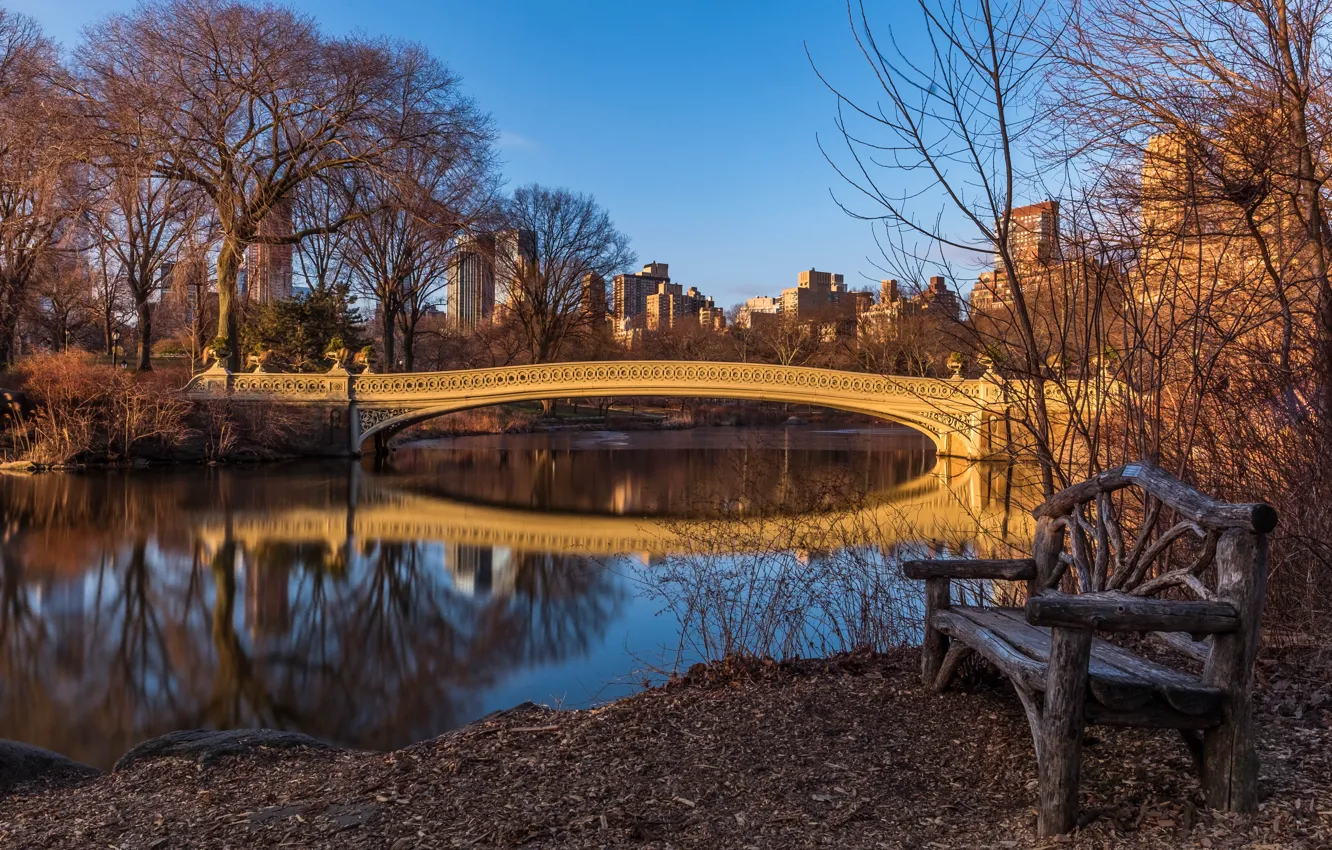 Photo wallpaper bridge, nature, the city, building, home, New York, USA, bench, Central Park, autumn pond