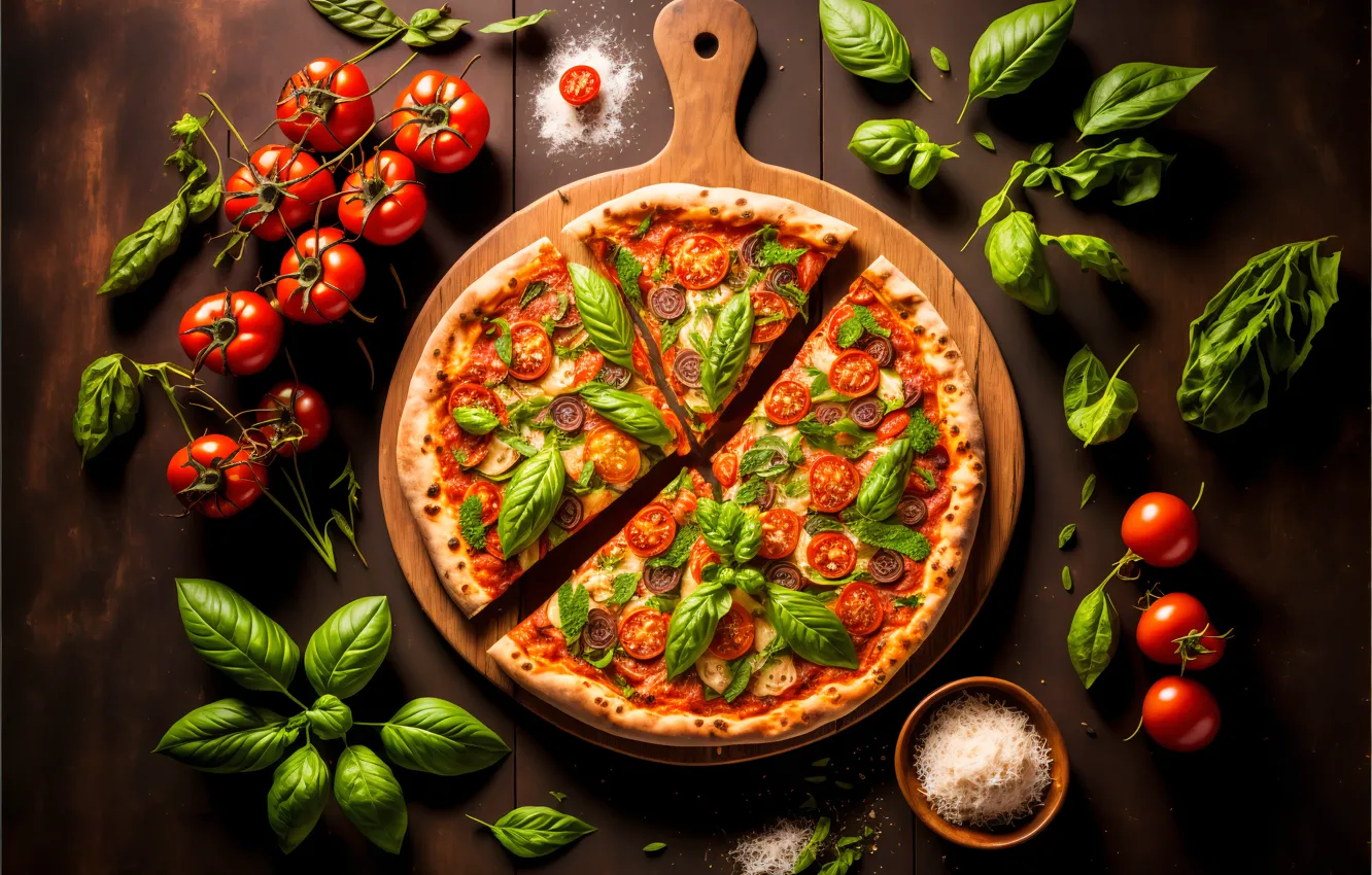 Photo wallpaper pizza, tomatoes, tomatoes, Basil