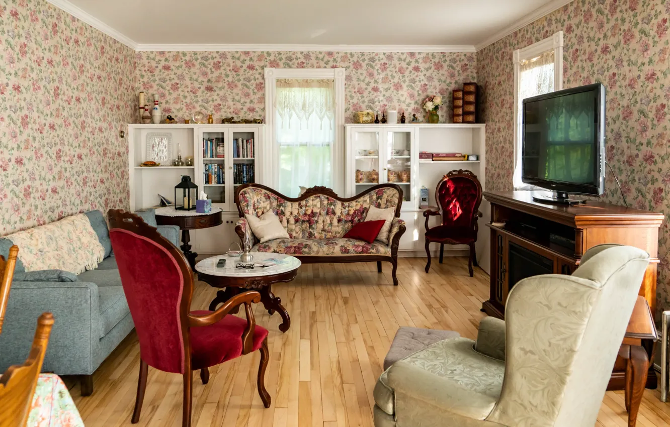 Photo wallpaper room, sofa, furniture, Windows, interior, TV, chairs, canapés, Victorian style