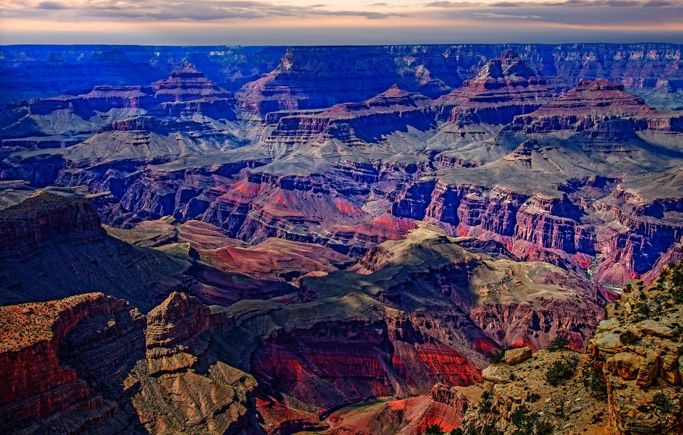 Photo wallpaper the sky, the sun, clouds, mountains, stones, rocks, horizon, panorama, USA, The Grand Canyon, the …