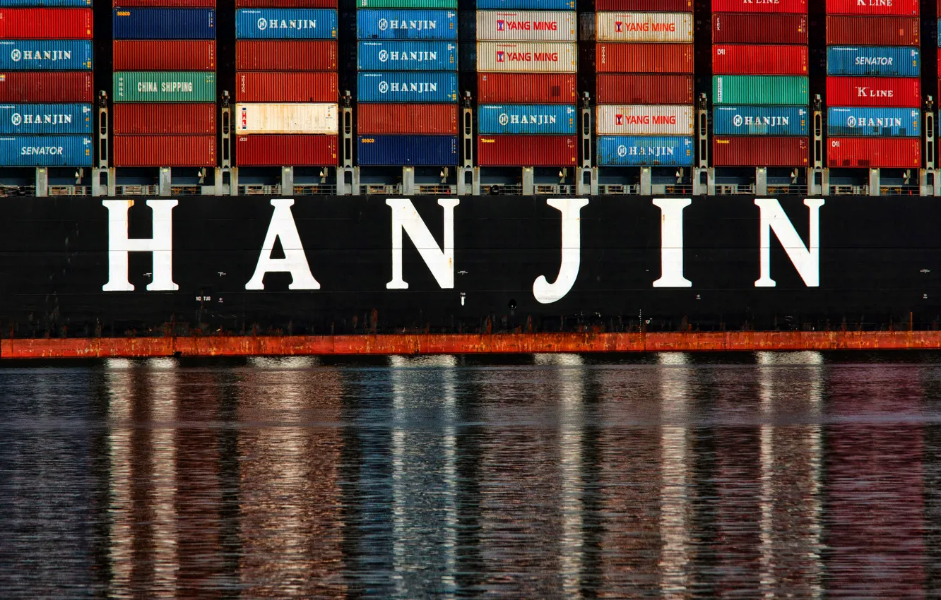 Photo wallpaper Water, Reflection, Board, The ship, A container ship, Side view, Container, Zaton, Hanjin, Container Ship