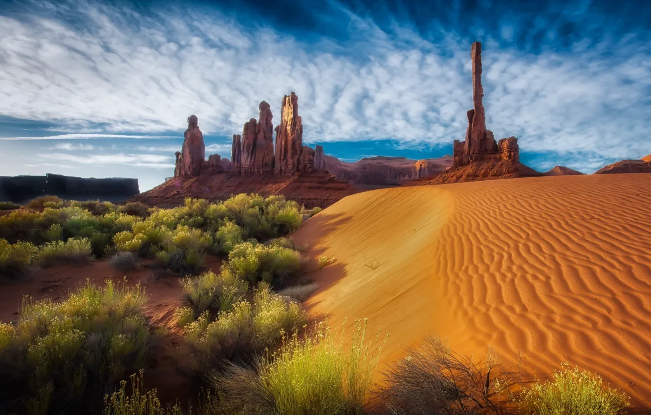 Photo wallpaper sand, the sky, clouds, nature, rocks, desert, USA, shrubs, Monument valley
