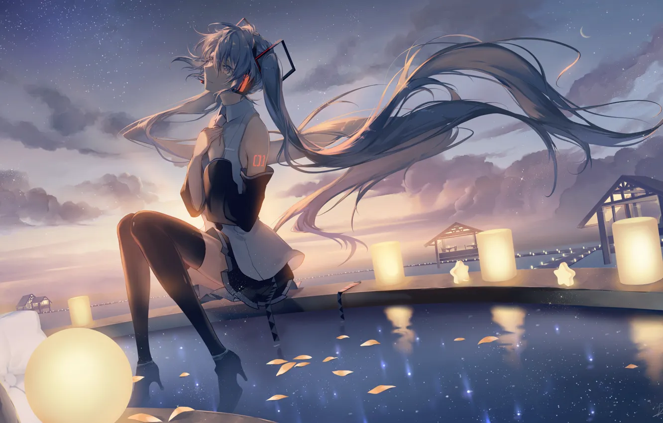Photo wallpaper water, clouds, the wind, lights, vocaloid, hatsune miku, blue hair, the reflection in the water, …
