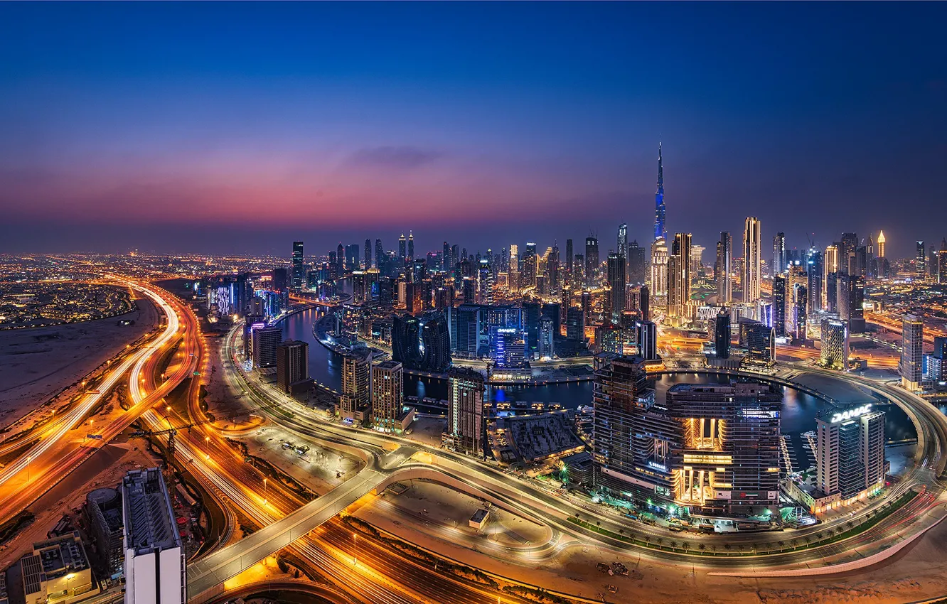 Photo wallpaper building, road, home, Dubai, night city, Dubai, skyscrapers, UAE, UAE