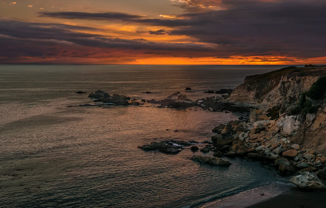 Photo wallpaper sea, sunset, clouds, stones, rocks, shore, coast, the evening, horizon