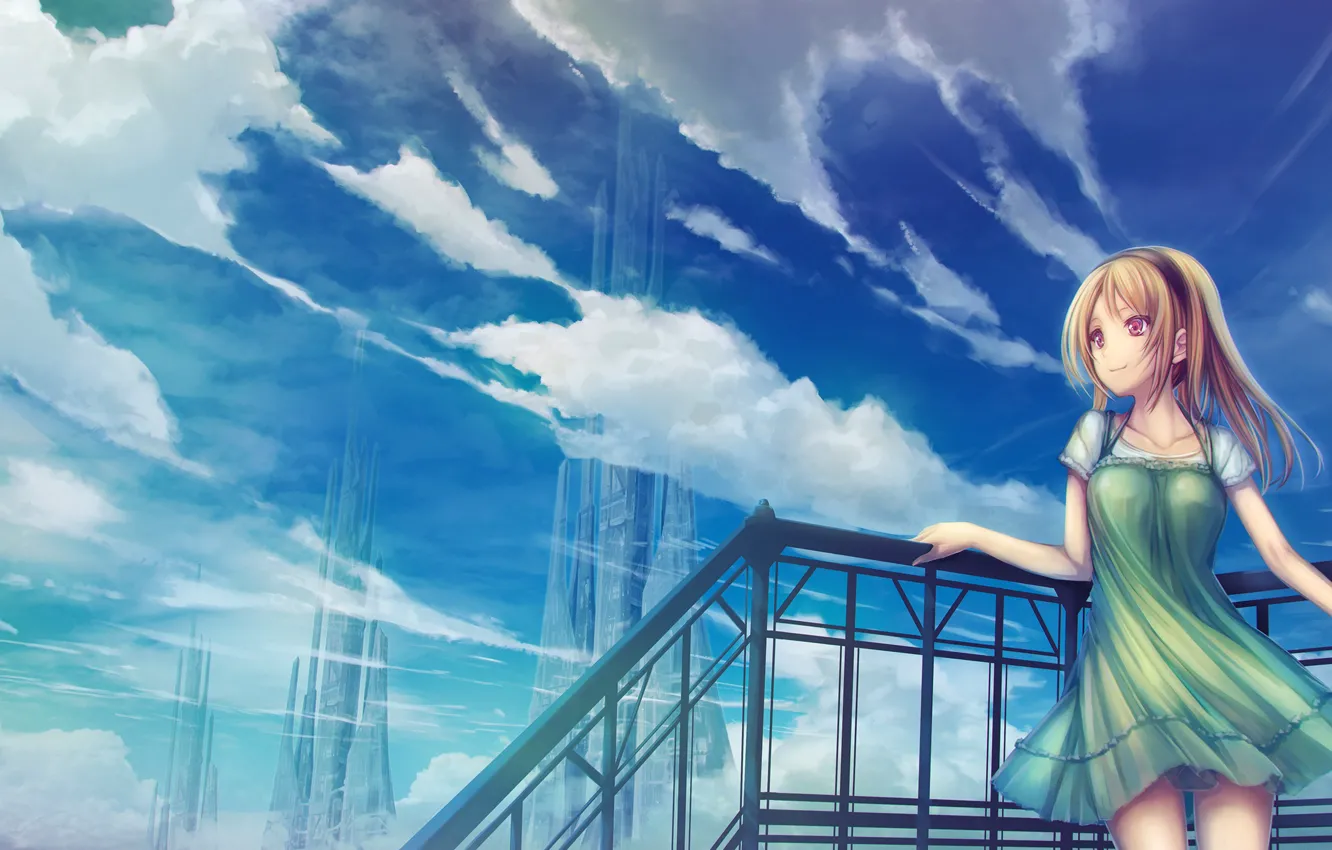 Photo wallpaper The sky, Clouds, Girl, Roof
