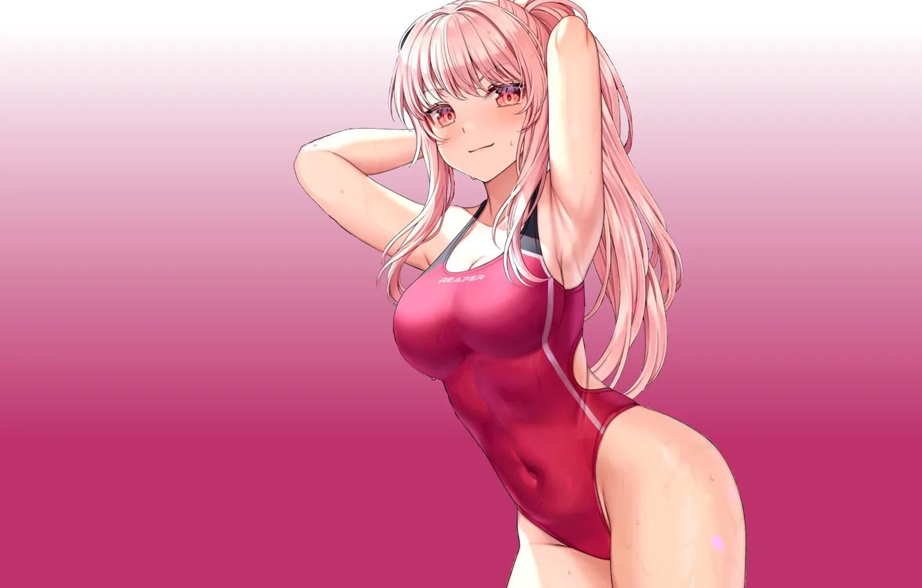 Wallpaper girl, sexy, Anime, boobs, pink, swimsuit, breasts, armpit, tight,  tight suit, ink haired images for desktop, section сэйнэн - download