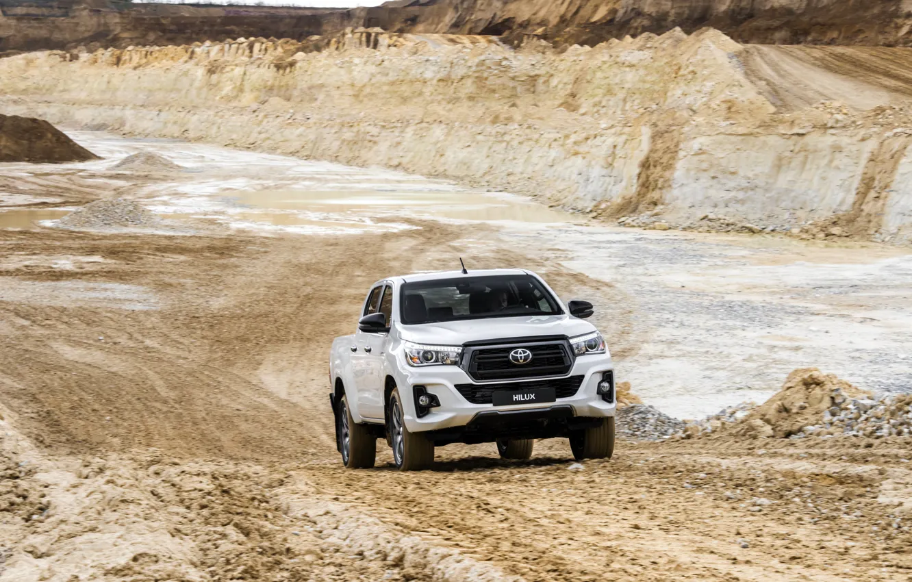 Photo wallpaper road, white, Toyota, pickup, Hilux, Special Edition, quarry, 2019