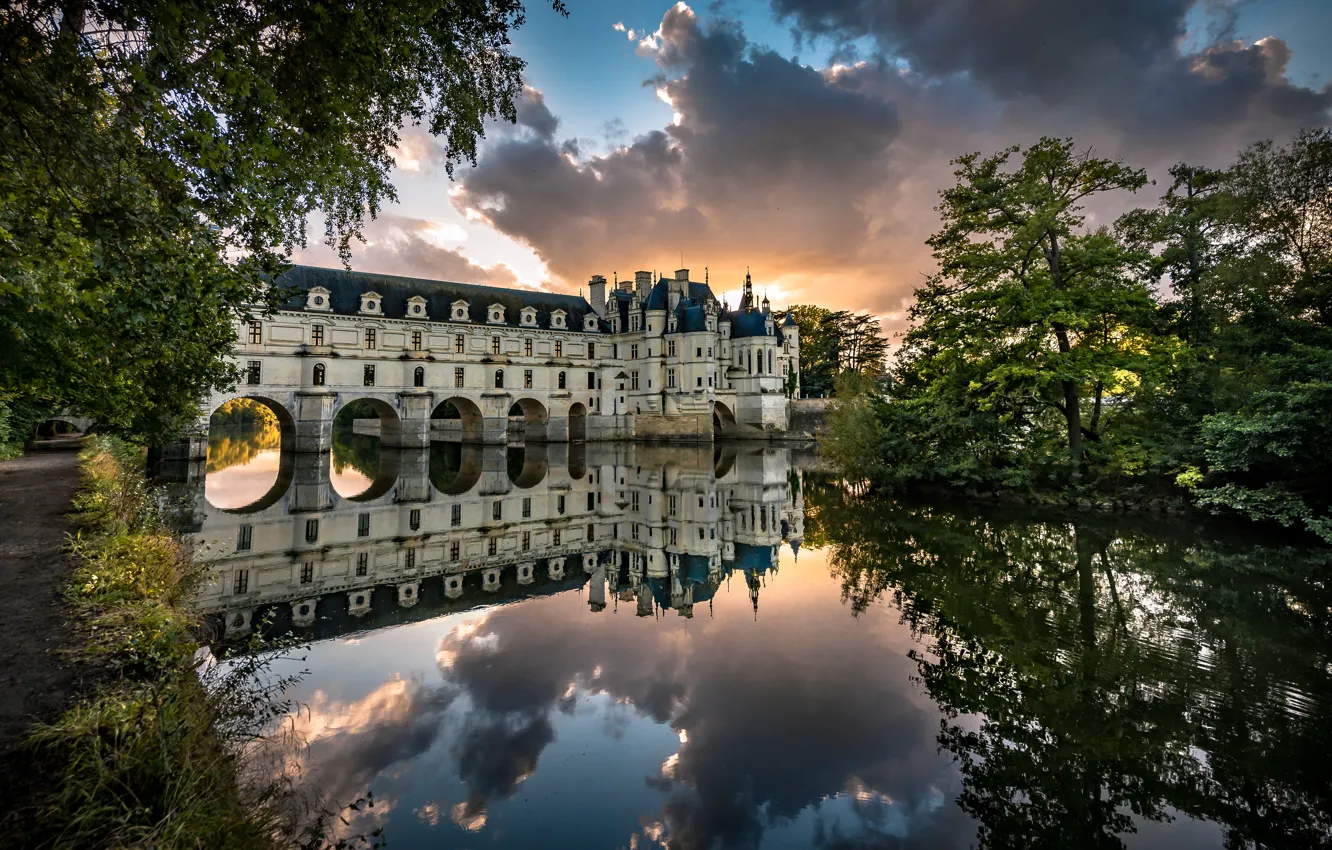Photo wallpaper trees, sunset, reflection, river, castle, France, France, Castle of Chenonceau, The Castle Of Chenonceau, The …