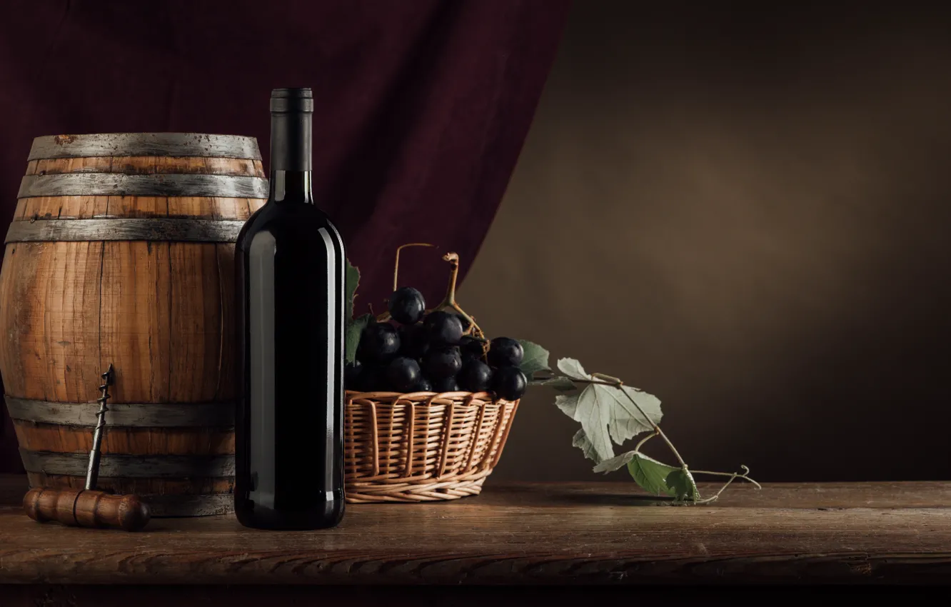 Photo wallpaper wine, bottle, grapes, corkscrew, barrel