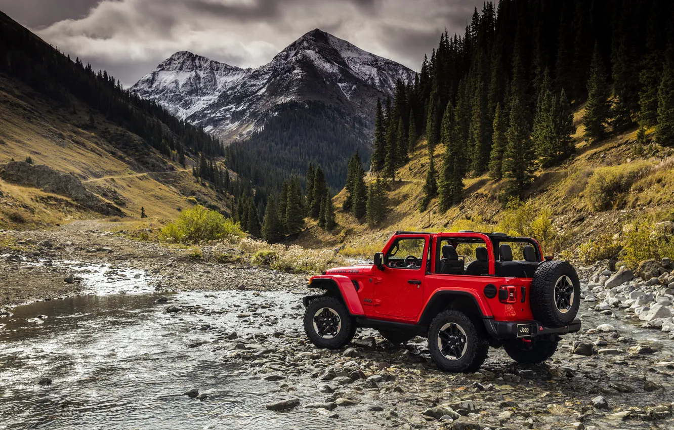 Photo wallpaper water, trees, red, stones, 2018, Jeep, Wrangler Rubicon