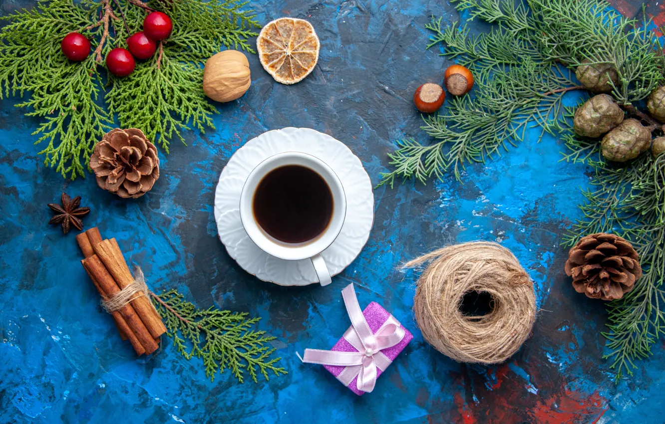 Photo wallpaper branches, tangle, gift, coffee, Christmas, mug, Cup, New year, nuts, cinnamon, bumps