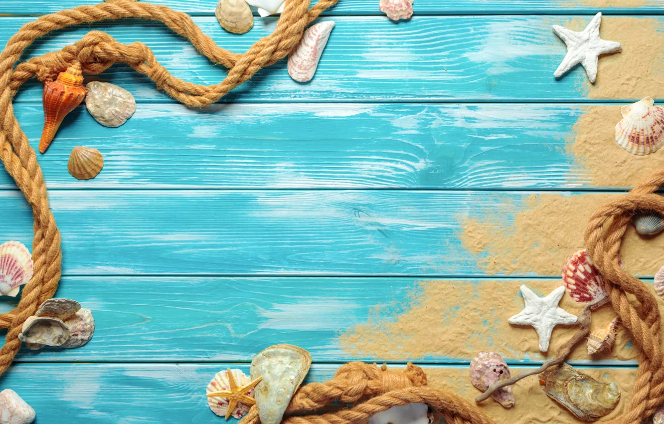 Photo wallpaper sand, beach, shell, beach, wood, sand, marine, still life, starfish, seashells
