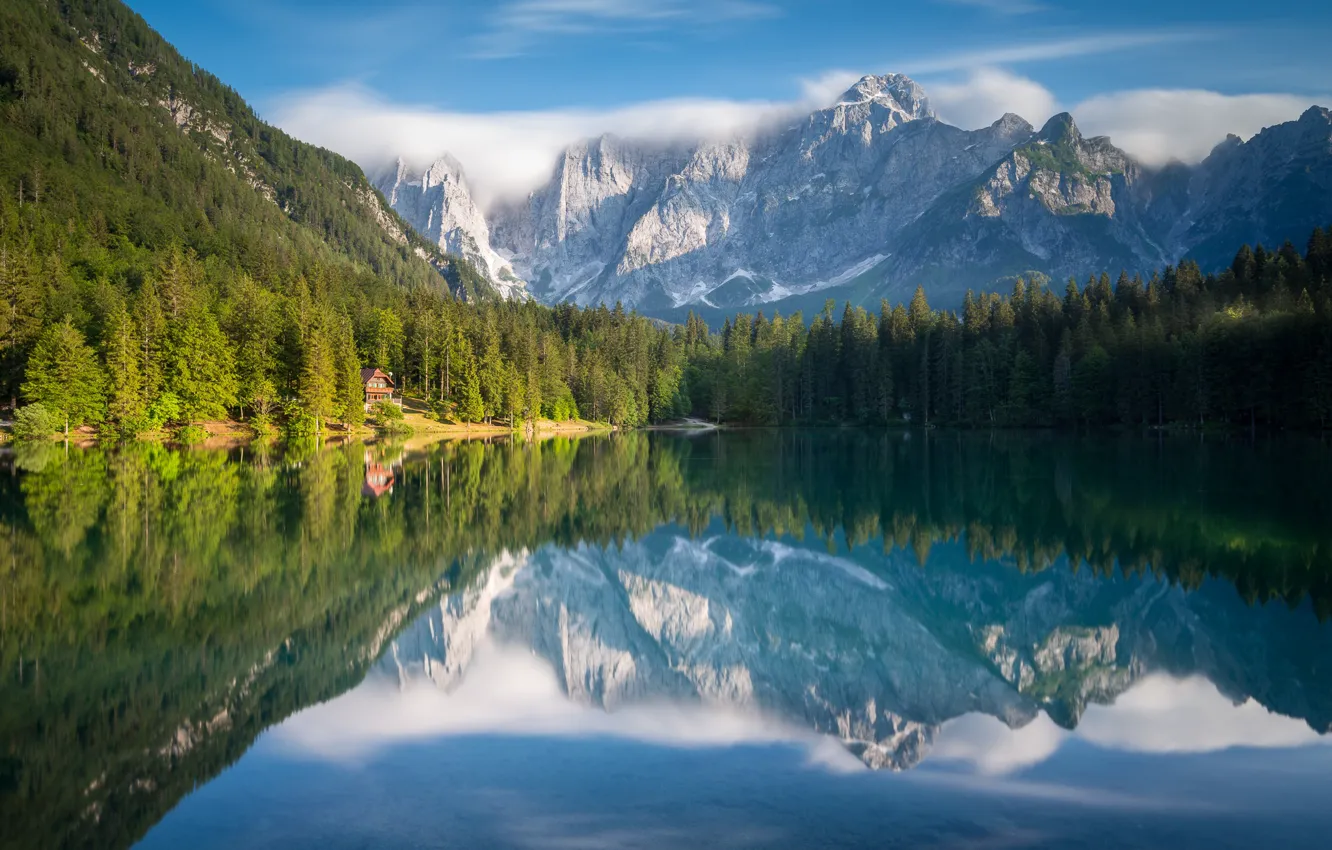 Photo wallpaper forest, mountains, lake, reflection, Italy, Italy, The Julian Alps, Tarvisio, Tarvisio, Julian Alps, Fusine Lake, …