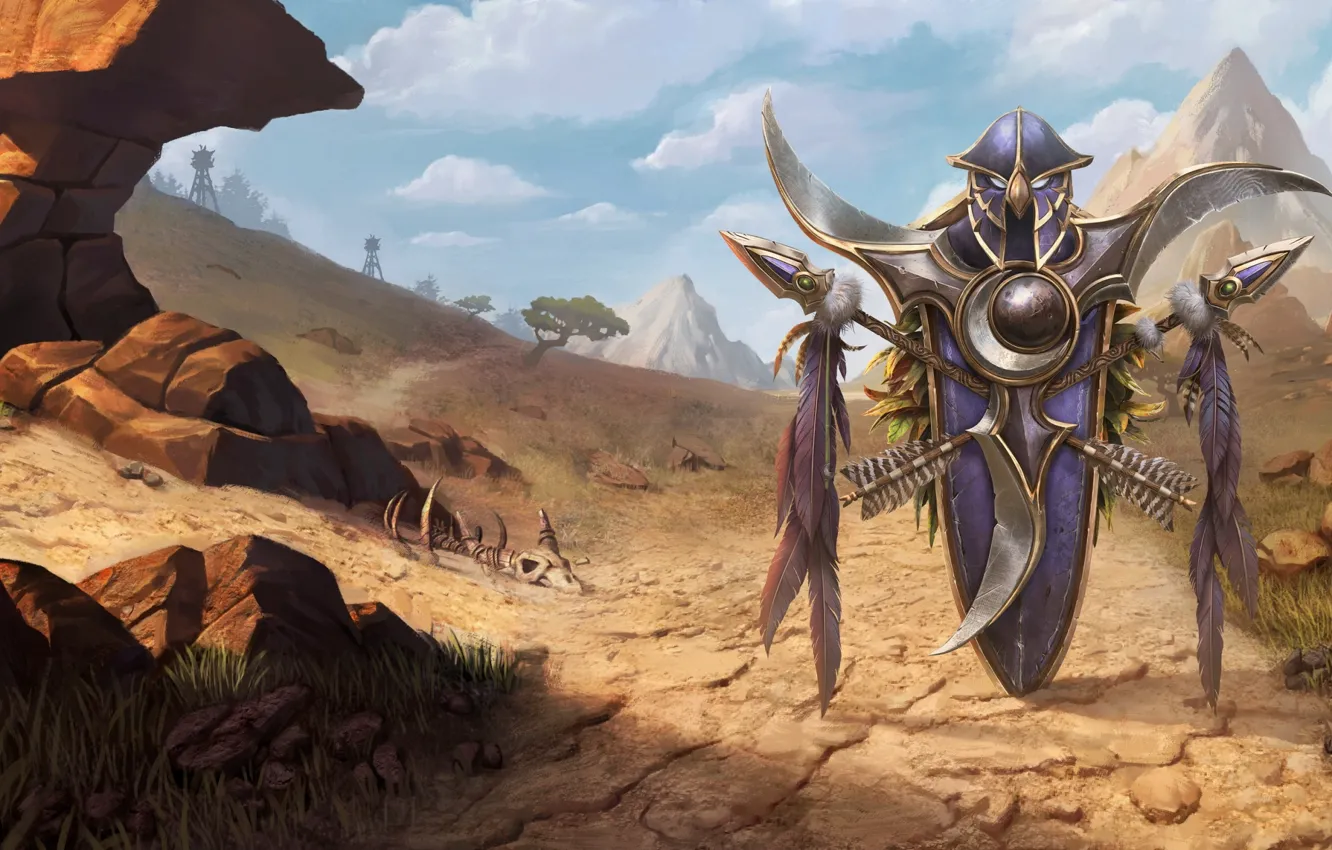 Photo wallpaper World of Warcraft, game, desert, mountains, weapons, digital art, artwork, shield, fantasy art, spears, arrows, …