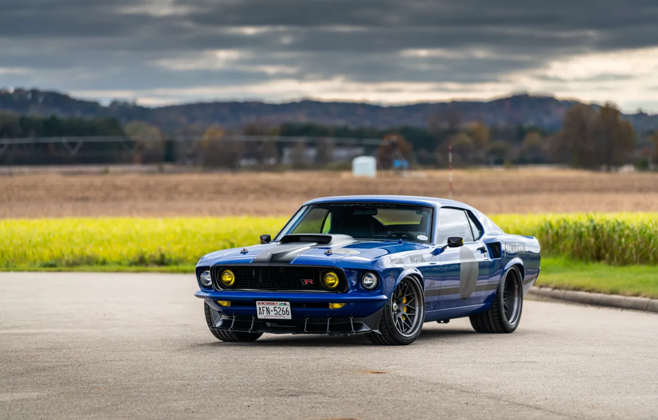 Photo wallpaper Ford, Road, Grass, 1969, Lights, Ford Mustang, Muscle car, Mach 1, Classic car, Sports car, …