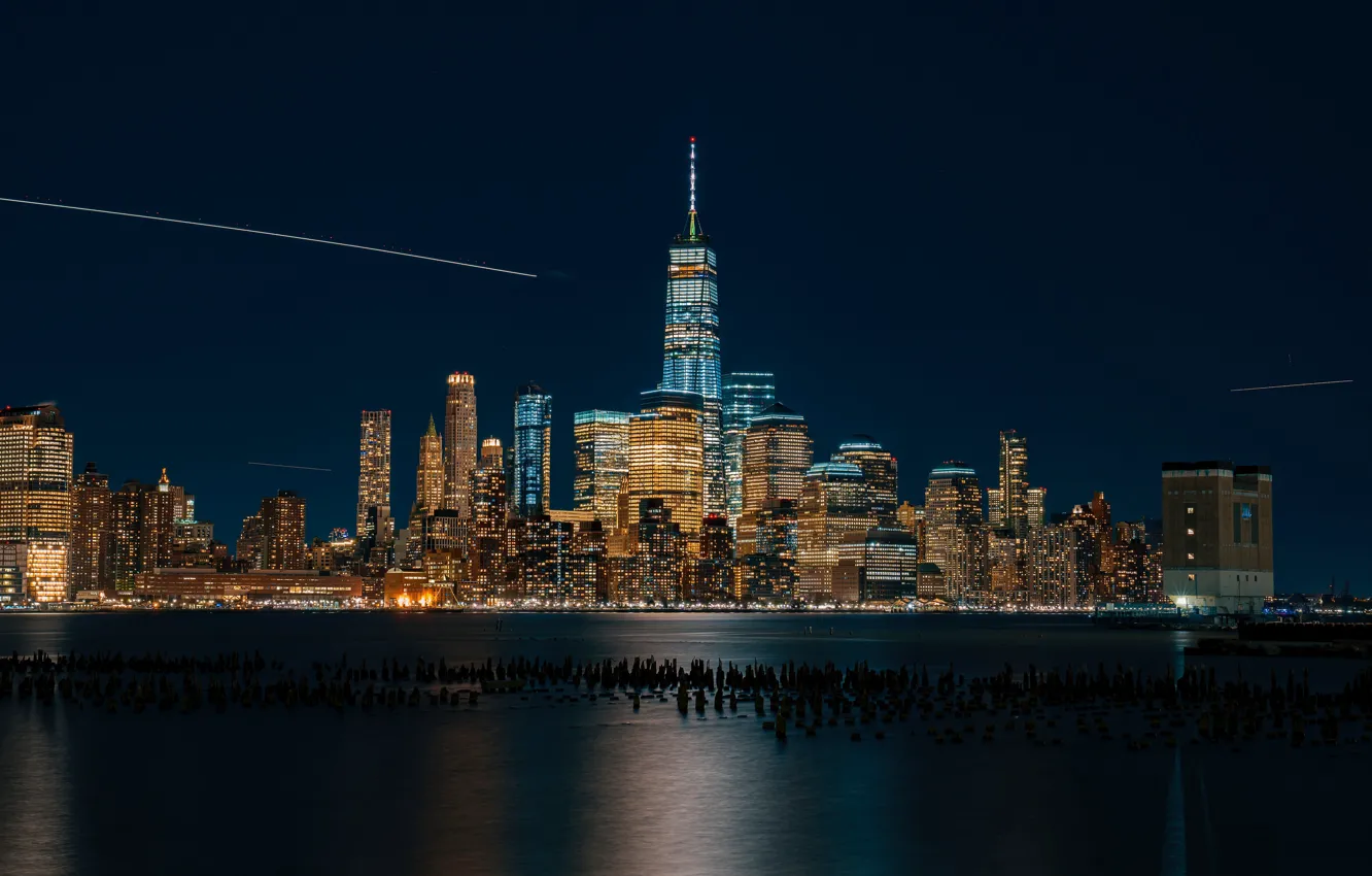 Photo wallpaper coast, night, new york, night city, skycrapers, ligts