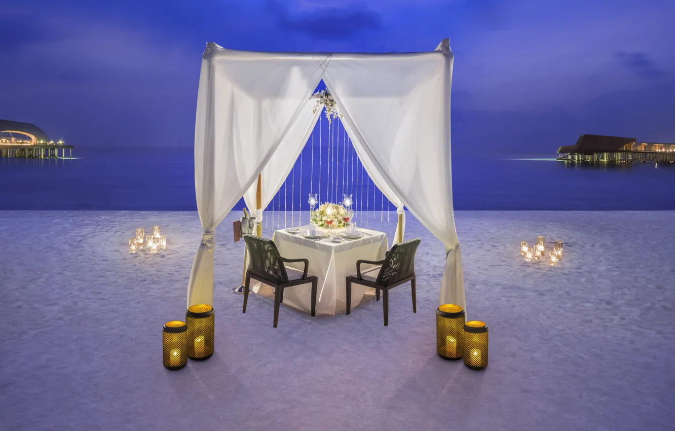 Wallpaper beach, the ocean, romance, the evening, candles, The Maldives,  resort, dinner images for desktop, section настроения - download