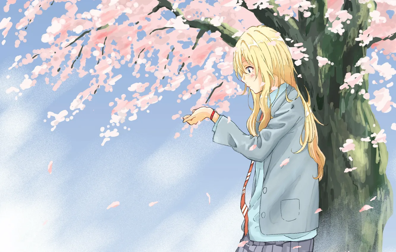 Wallpaper schoolgirl, long hair, blue sky, Shigatsu wa Kimi no Uso, Your  April lie, Kaori Miyazono, under the tree, the cherry blossoms images for  desktop, section сёнэн - download